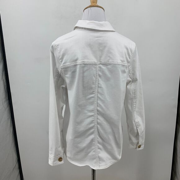 Talbots Button Up Denim Shirt Jacket Womens Petite S Small White Flap Pocket - Picture 3 of 11